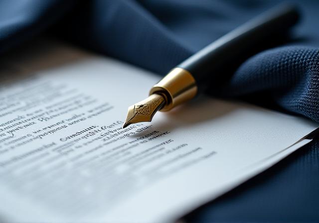 A legal contract sitting on a textured fabric swatch