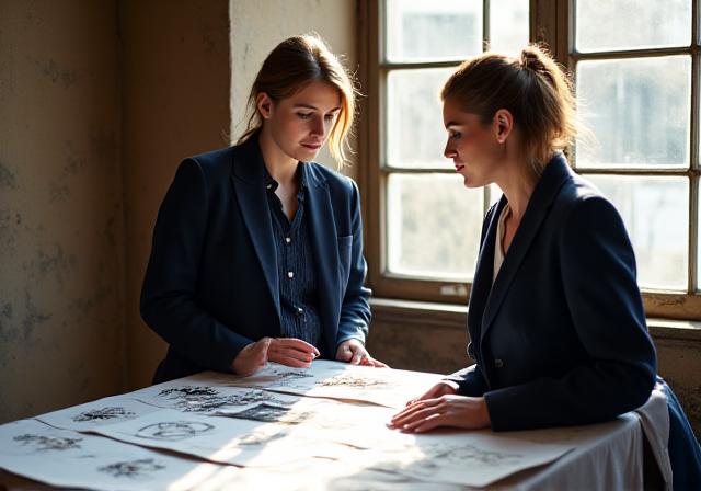 A legal professional reviewing complex textile patterns in a bright design studio