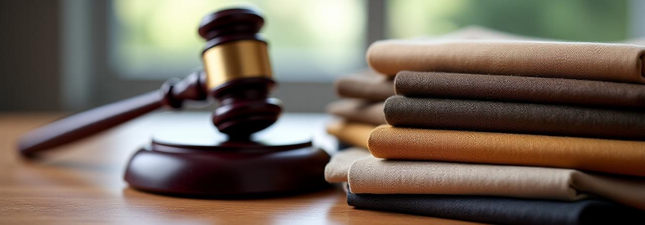 Close-up of high-quality textile threads and a legal gavel, symbolizing the intersection of law and craftsmanship