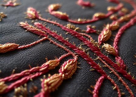Close up of intricate embroidered fabric showing detailed stitching
