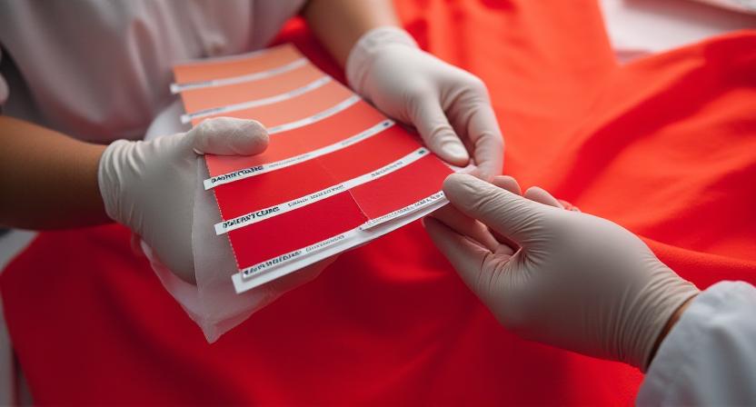 Professional inspector checking color swatches against a fabric roll in a laboratory setting